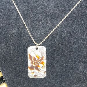 Ed Hardy Stainless Steel Dog Tag Pendant On 24” Silver Tone Ball Chain